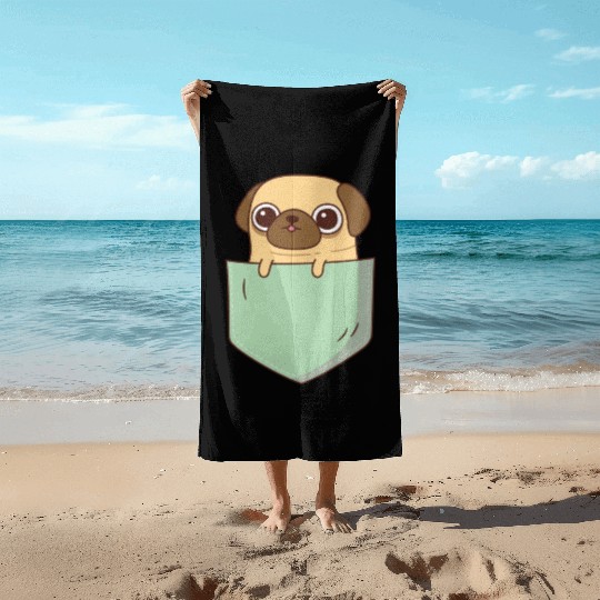 Cute Little Pug In Green Pocket Beach Towels