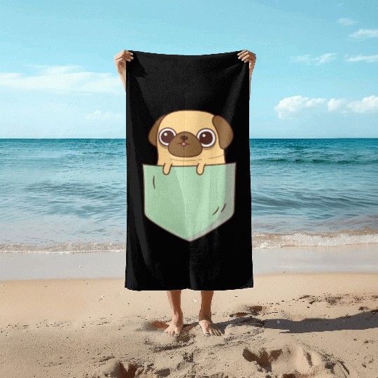 Cute Little Pug In Green Pocket Beach Towels
