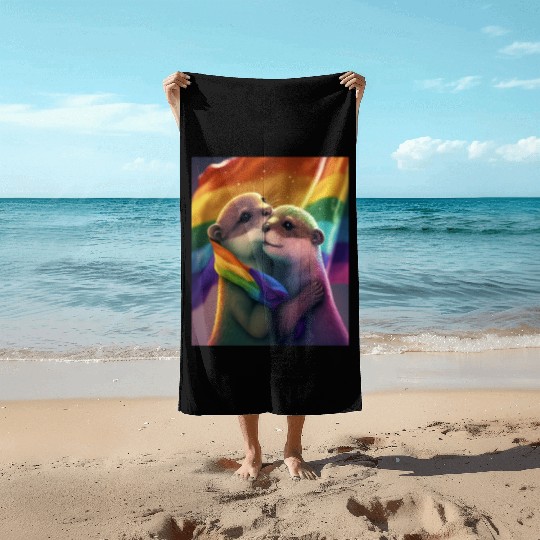 Hugging Otter Holding LGBT Flaglet Otter LGBT Beach Towels