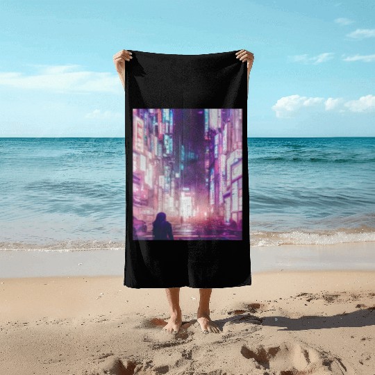 Cyberpunk Vaporwave Anime Japan Cyber aesthetic Beach Towels