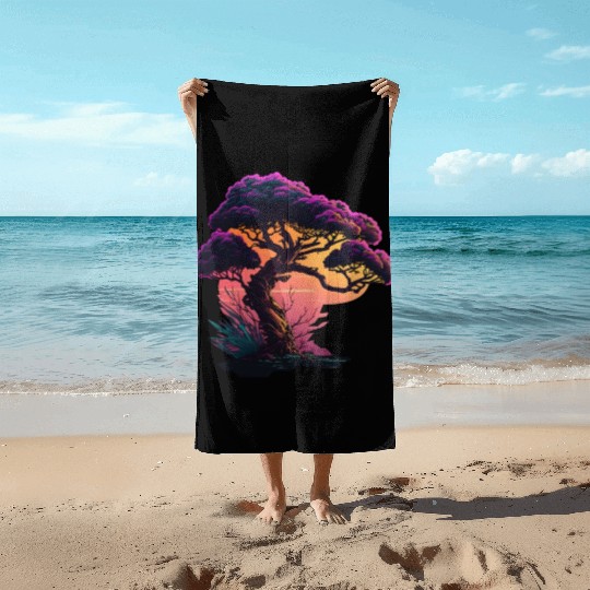 Synthwave Bonsai Tree Beach Towels