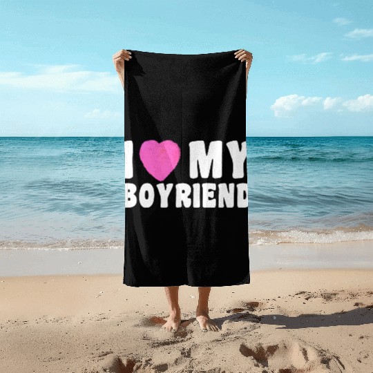 Forever and Always I Love My Boyfriend pink heart Beach Towels