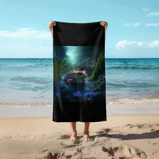 A toad in a creek the toad has blue glowing eyes Beach Towels