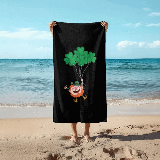 Lerechaun Hanging On Clover Balloons - St Patricks Beach Towels
