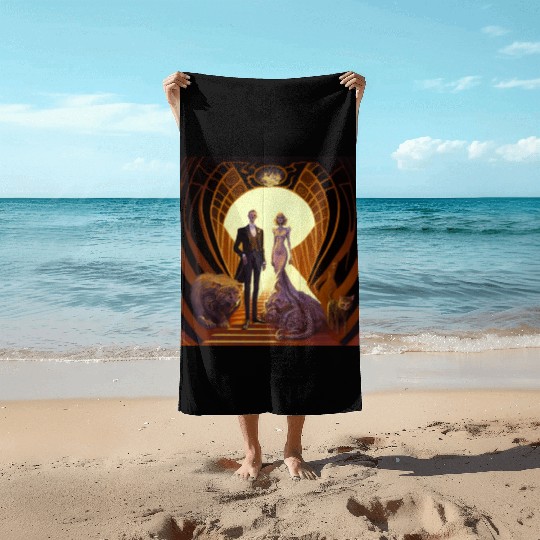A man wear tuxedo standing next to a woman a dress Beach Towels