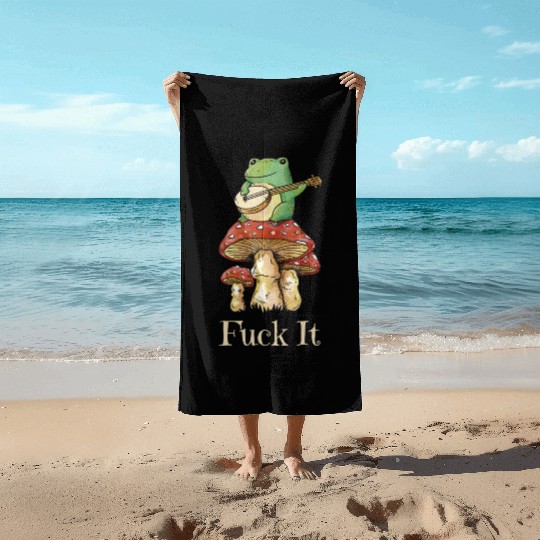 Cottagecore Frog Playing Guitar says Fuck It Beach Towels