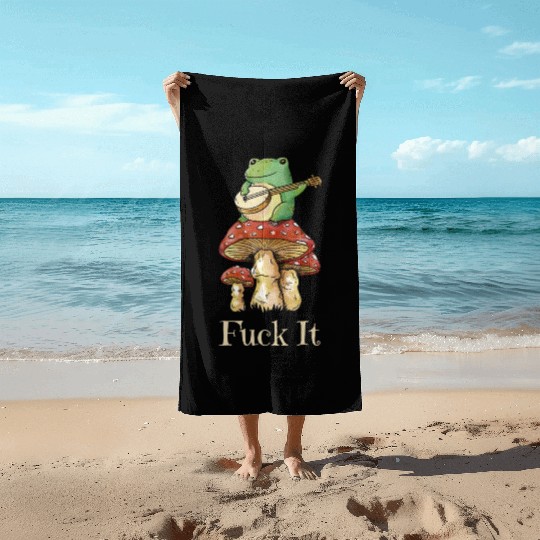 Cottagecore Frog Playing Guitar says Fuck It Beach Towels