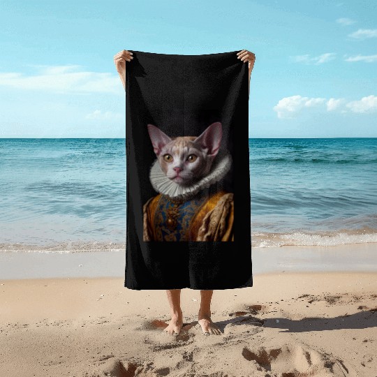 Black Queen Devon Rex Cat Breed Portrait Royal Ren Beach Towels