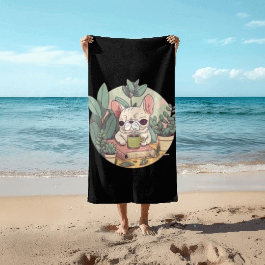 Cute Frenchie, Coffee & Books: A Perfect Pairing Beach Towels