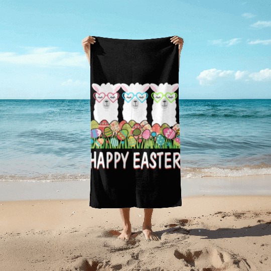 Happy Easter Eggs Easter Llama Alpaca Bunny Beach Towels