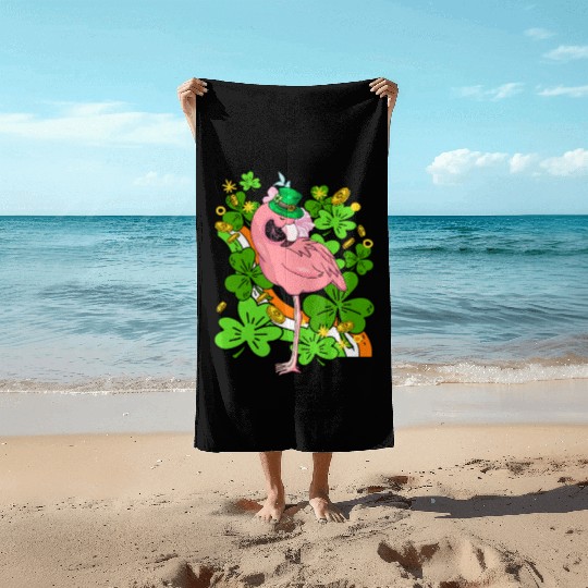 Funny Flamingo St Patricks Day Pink Bird Lover Beach Towels