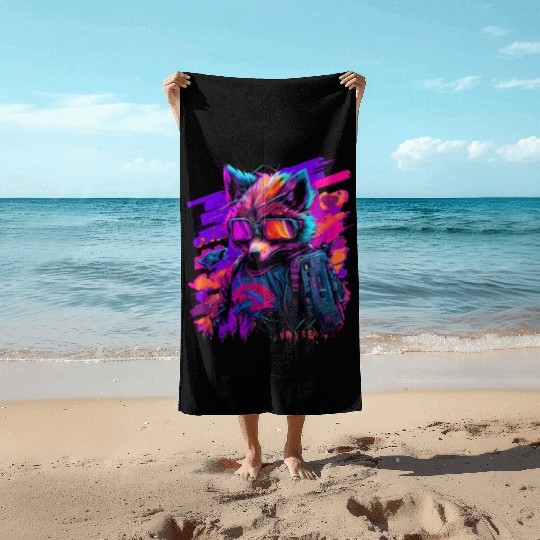 cyberpunk synthwave cool fox Beach Towels