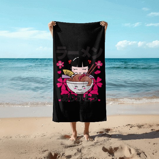 I love ramen kawaii girl Beach Towels