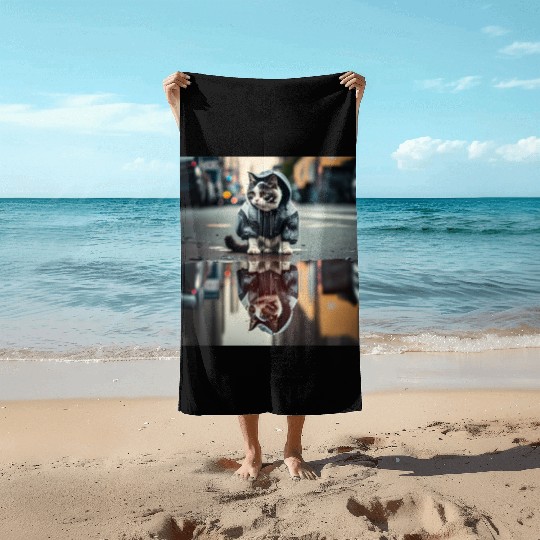 Cat in streetwear on reflection in a puddle Beach Towels
