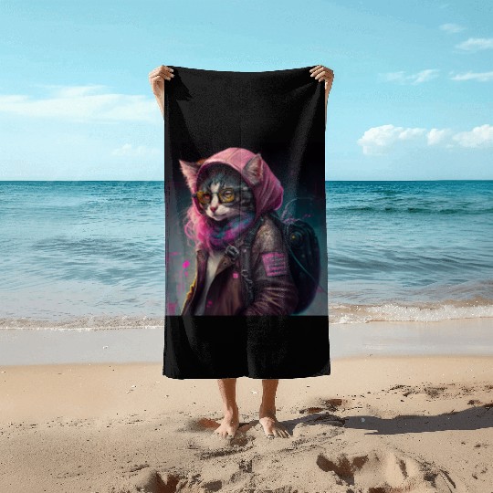 Cat in streetwear wearing a Beach Towels in digitalpunk
