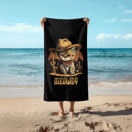 Meowdy - Funny Mashup Between Meow and Howdy - Cat Beach Towels