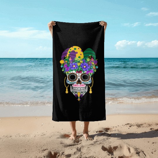 Mardi Gras Mask Dia De Los Muertos Flower Sugar Beach Towels