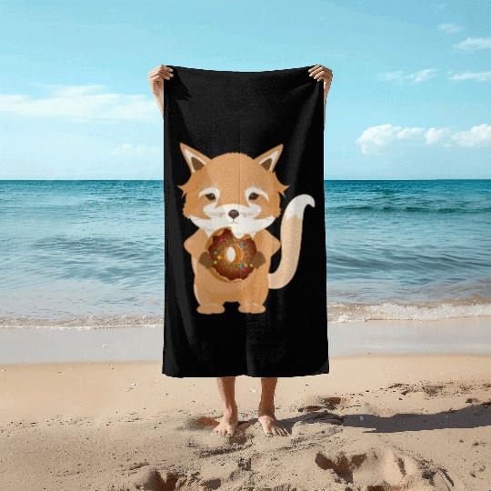 magical little fox with delicious donut Beach Towels