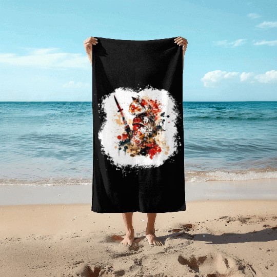 Cute Samurai Cat Beach Towels