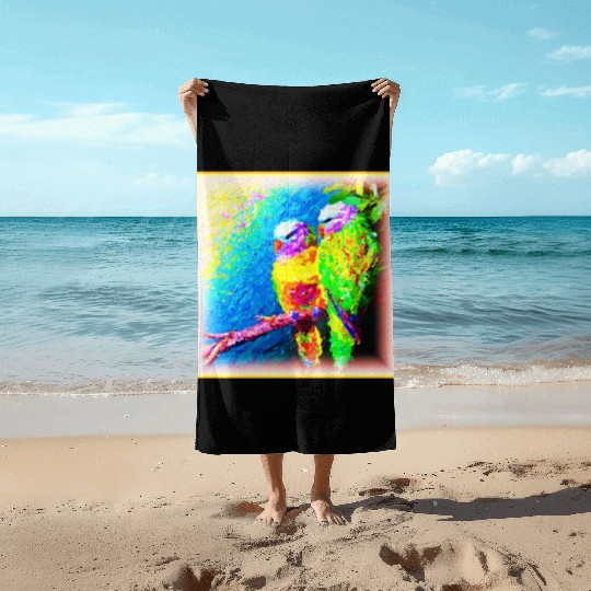 A Vibrant and Joyful Rainbow Birds. Buy Now Beach Towels