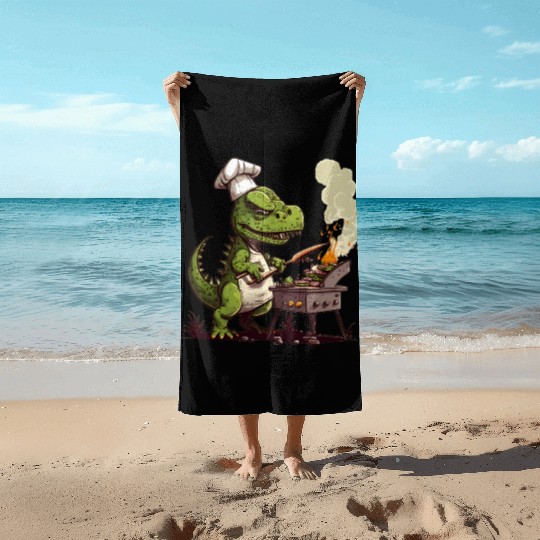 Baby Dinosaur Using A Charcoal Grill Cooking Meat Beach Towels