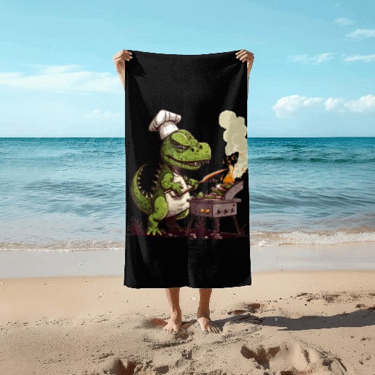 Baby Dinosaur Using A Charcoal Grill Cooking Meat Beach Towels