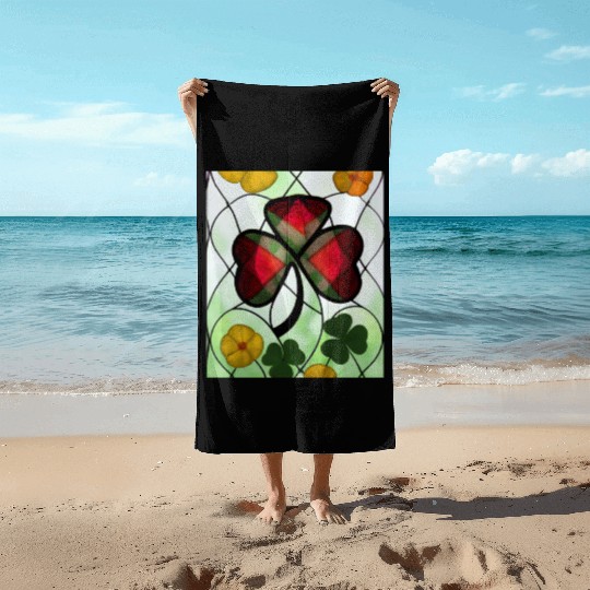 Red plaid Shamrock with Yellow Poppies (AI Art) Beach Towels