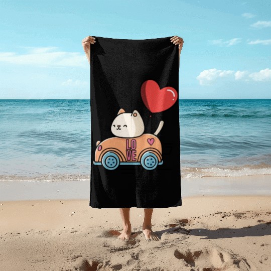 Cute cat in the love car, and love balloon Beach Towels