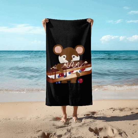 cute mouse with delicious chocolate eclair Beach Towels