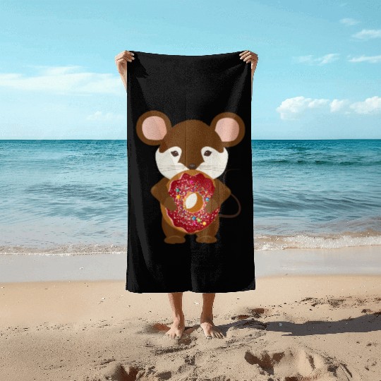 cute brown mouse with delicious donut Beach Towels