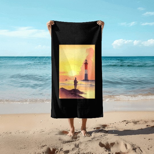 Serene Sunrise Beach Scene with Lighthouse and Fis Beach Towels