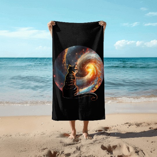 Cat Staring at a Galaxy Cat Dad Cat Lover Beach Towels