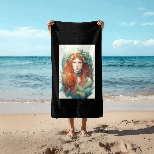 druid red hair spring forest elf nature fairy Beach Towels