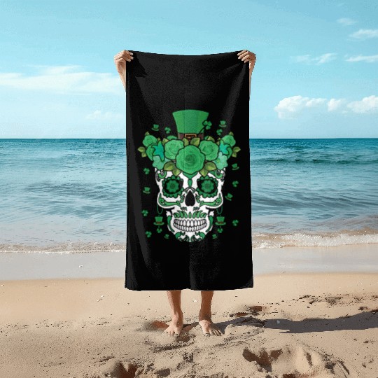 St Patty's Day Dia De Los Muertos Irish Flower Beach Towels