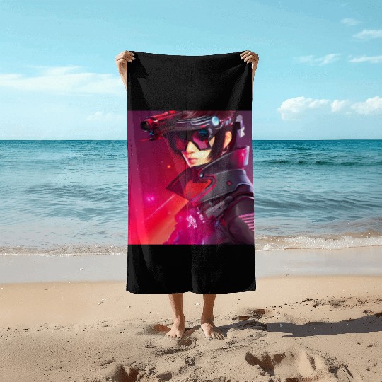 Cyberpunk Girl red Neon light Beach Towels