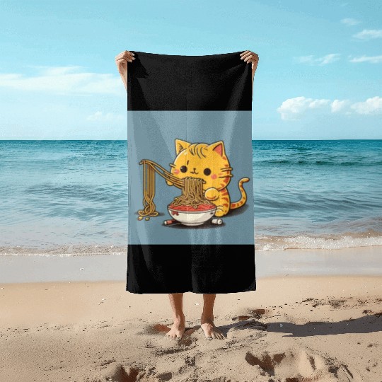 Japanese cat eating spaghetti Beach Towels