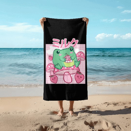 Cottagecore Aesthetic Kawaii Frog Drinking Japanes Beach Towels