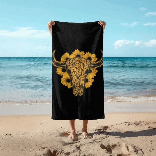 Bull Skull Sunflower Beach Towels