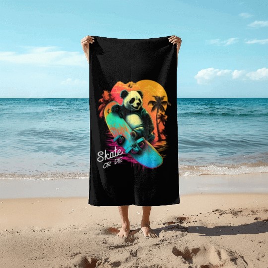 Cool Retro Panda Skateboard Neon Gift Beach Towels