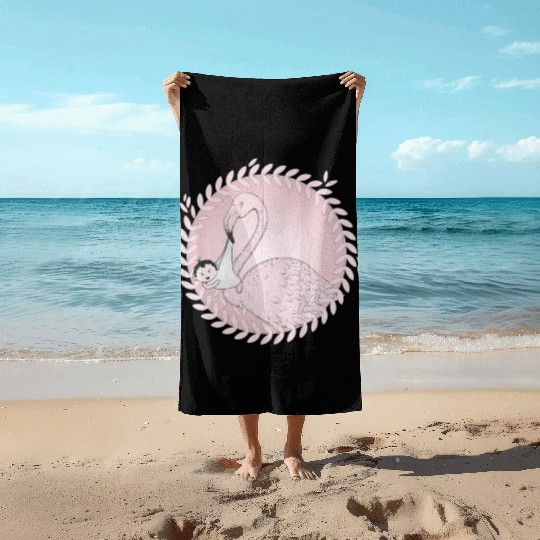 Flamingo brings the baby instead of the stork Beach Towels