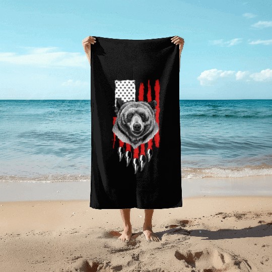 American US Flag Claw Grizzly Bear Hunting Patriot Beach Towels