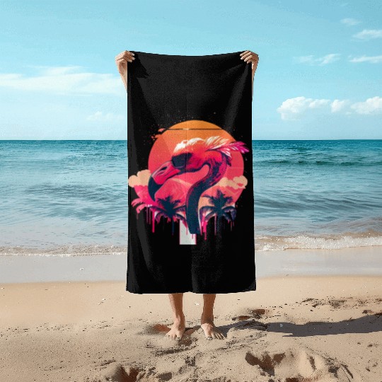Retro Sunset Pink Flamingo Summer Design Flamingo Beach Towels