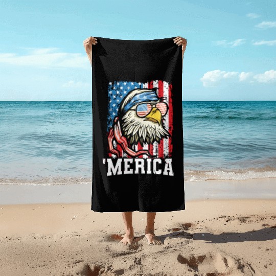 4th of July Bald Eagle USA Flag Patriotic Merica Beach Towels