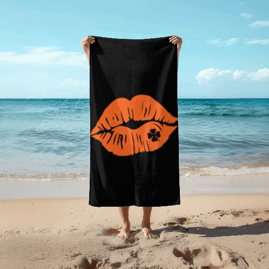 Shamrock Lips, Orange Clover, Kiss Me, St Patricks Beach Towels