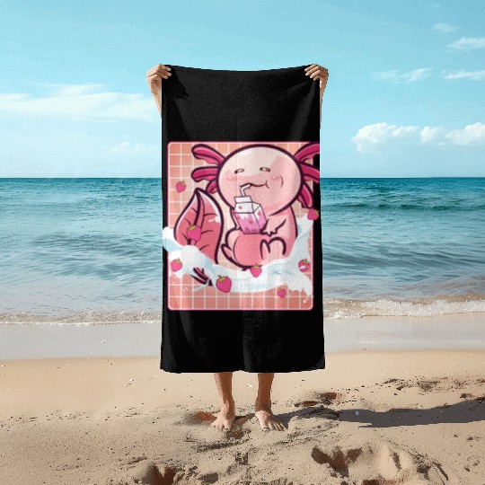 Kawaii Axolotl Strawberry Milk Shake Funny Sushi Beach Towels