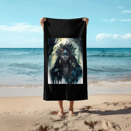 Black Nature Goddess - African American, Woodland Beach Towels