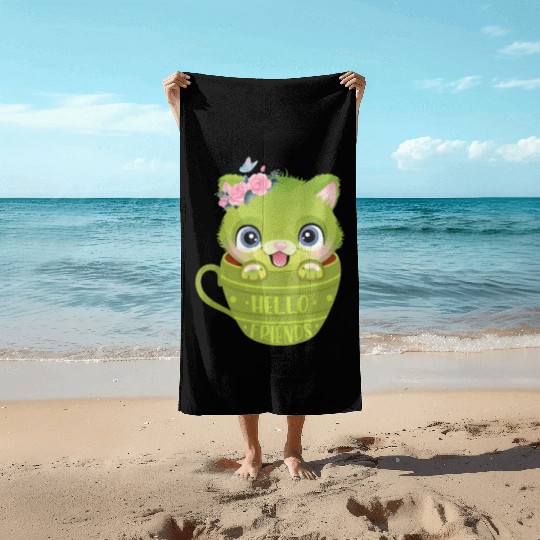 A Green Cute Cat In A Cup Is Greeting Patrick Day Beach Towels