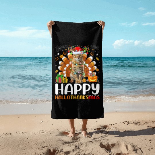 Cat Lover Halloween Christmas Happy Hallothanksmas Beach Towels