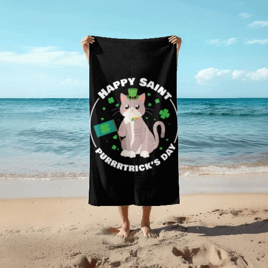 Cat Happy St Purrrtricks Day Ireland Beach Towels