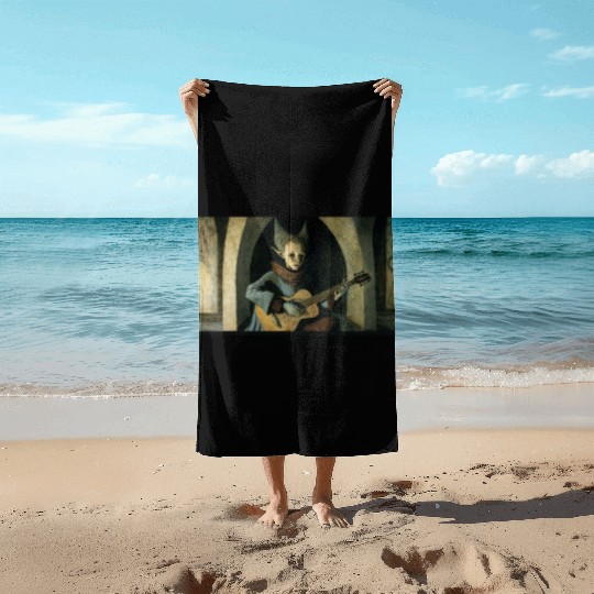boy playing guitar painting style Remedios Varo Beach Towels